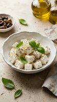 Fresh feta cheese cubes with basil leaves and black pepper in ceramic bowl, Mediterranean appetizer with olive oil and olives on rustic table.