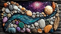 Mystical river landscape made of stones and minerals against starry night sky background, flowing water created with natural pebbles and crystals on wooden surface.
