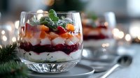 Layered dessert with yogurt, berries and granola in glass bowl. Fresh fruit parfait with cream, raspberry sauce and mint garnish on elegant table setting.
