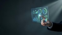 Businessman hand touching holographic display showing renewable energy analytics, carbon emissions data, and sustainability metrics for environmental business solutions.