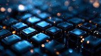 Illuminated computer keyboard keys in dark blue tones with glowing bokeh effect and shallow depth of field creating atmospheric tech background.