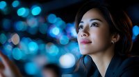 Young Asian woman gazing upward with hope and determination against blurred city lights bokeh background at night for inspiration and dreams concept.