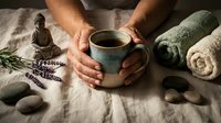 Hands holding ceramic mug with herbal tea surrounded by Buddha statue, lavender, stones and towels creating peaceful spa atmosphere for relaxation.