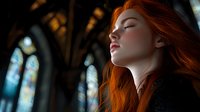 Young woman with flowing red hair in gothic cathedral interior, eyes closed in peaceful meditation against stained glass windows background, dramatic lighting creates mystical atmosphere.