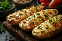 Baked potato boats filled with melted cheese, crispy bacon bits and fresh herbs served on rustic wooden board, close up view of homemade comfort food.