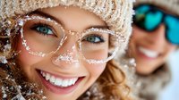 Young woman wearing glasses and knit beanie with snow flakes on face smiling outdoors during winter season, close up portrait with blurred friend in background.