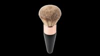 Fluffy makeup powder brush with rose gold ferrule and black handle, isolated on transparent background, ready for beauty, cosmetic, T-shirt, sticker, and print on demand design use.
