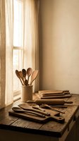 Wooden kitchen utensils and cutting boards arranged on rustic table near window with natural sunlight creating warm shadows in cozy home interior.