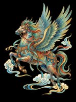 Ornate winged horse with flowing mane and decorative saddle, isolated on transparent background. Ready for t-shirt design, clipart, stickers, sublimation, and print-on-demand products.