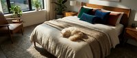 Cozy bedroom with golden retriever resting on neutral bedding, wooden frame, colorful pillows, warm lighting, potted plants, and natural window light for home decor.