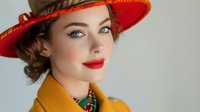 Elegant young woman in vintage style wearing red wide brim hat and mustard yellow coat, perfect for fashion, beauty and retro lifestyle advertising and editorial use.