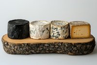Artisanal cheese selection featuring black rind, white mold, blue cheese and aged yellow cheese wheels arranged on rustic wooden board against white background.