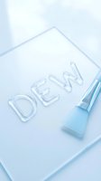 Dew word formed with water droplets on white surface next to blue cosmetic bottle, skincare and beauty product concept.