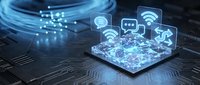 Digital technology concept with glowing circuit board, wireless connectivity icons and data flow visualization on dark background for tech presentations.