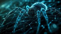 Digital spider made of glowing blue particles and light effects on dark background, representing network security, artificial intelligence and cyber threats.