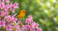 Small yellow songbird perched on blooming pink azalea branch in spring garden with soft bokeh background for nature and wildlife photography projects.