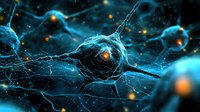 Glowing blue neurons with orange synapses in dark space, illustrating neural network activity and brain cell communication in scientific visualization.