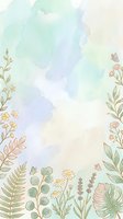 Soft watercolor botanical border with pastel green, blue, and pink tones, featuring wildflowers, ferns, and leaves for cards or wallpapers.