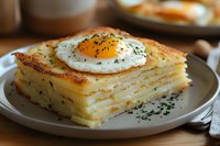 Crispy layered potato cake topped with fried egg, black pepper and herbs on white plate. Comfort food breakfast or brunch dish.