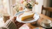Homemade cheesecake slice on white plate held by woman in cozy kitchen setting with flowers and tea cup creating warm domestic atmosphere.