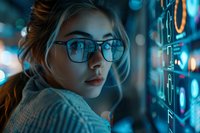 Young woman in glasses illuminated by blue digital screens and data visualization displays, creating modern cyberpunk atmosphere in dark environment.