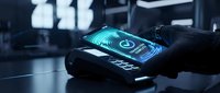 Young male hand holding smartphone with glowing digital security lock interface, representing mobile device protection, cybersecurity, and data encryption technology for apps and software.