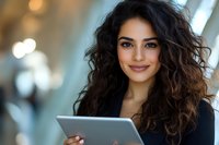 Young Middle Eastern businesswoman with curly dark hair and natural makeup holding digital tablet, smiling confidently against blurred office background.