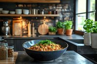 Homemade pasta with mushrooms and herbs served in black ceramic bowl on rustic kitchen counter with fresh basil plants and cooking ingredients in background.