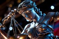 Bronze statue of Lady Justice holding scales against dark background with bokeh lights, dramatic angle emphasizes metallic texture and classical sculptural details.