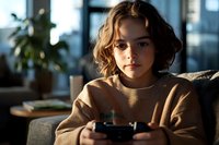 Young caucasian woman with curly hair wearing beige sweater relaxing on couch at home while playing video game controller in evening natural window light.