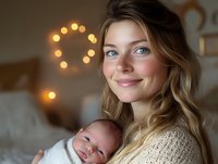 Young Caucasian mother with blonde hair and blue eyes holding newborn baby in cozy home setting with warm bokeh lights, wearing knit sweater, expressing tender motherly love.