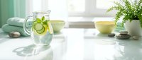 Refreshing cucumber water in glass pitcher with lime slices on bright white kitchen counter, surrounded by green wellness items, bowls, and potted plants for healthy lifestyle and spa concepts.