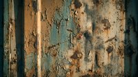 Weathered paint peeling off old wooden surface showing layers of blue and orange colors with rustic texture and aged patina for vintage design projects.