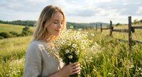 Young blonde woman holding white wildflower bouquet in sunny countryside meadow with wooden fence and rolling hills background during golden hour.