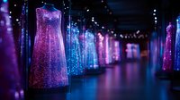 Glittering evening gowns on display in boutique with purple and blue neon lighting creating magical atmosphere. Luxury fashion retail interior with sparkling formal dresses.