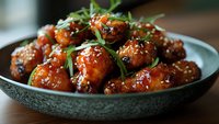 Glazed Asian meatballs garnished with green onions and sesame seeds served in ceramic bowl. Sticky sweet and savory sauce creates appetizing shine on appetizers.