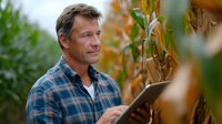 Caucasian male farmer in plaid shirt using digital tablet while inspecting corn crops during harvest season in agricultural field at sunset.