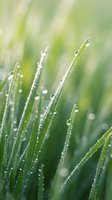 Fresh green grass blades with morning dew drops in soft natural light creating peaceful spring garden atmosphere for wellness and nature concepts.