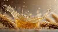 Golden liquid splash creating crown-shaped wave with droplets against blurred wheat ears background, ideal for beverage advertising.