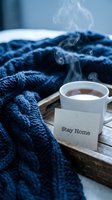 Steaming hot tea cup on wooden tray with Stay Home card and cozy blue knit blanket, hygge winter comfort concept.