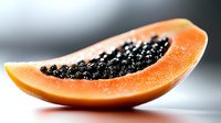 Fresh ripe papaya slice with black seeds on light background, macro shot showing juicy tropical fruit texture and natural organic food detail.