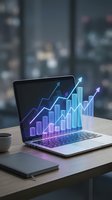 Laptop displaying holographic financial growth charts with upward arrows on office desk with coffee cup and smartphone against blurred city background.