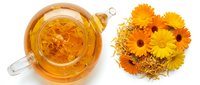 Herbal tea with dried calendula and chamomile flowers on white background, overhead view. Suitable for wellness, natural remedies, and beverage packaging designs.