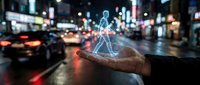 Holographic businessman figure floating above open palm on busy city street at night with blurred traffic lights and urban background for technology concepts.