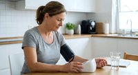 Middle-aged Caucasian woman monitoring blood pressure at home kitchen table using digital cuff device for health checkup and wellness routine.