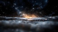 Mystical starry night sky with glowing horizon and dramatic clouds, creating ethereal atmosphere above dark misty landscape. Cosmic scene for spiritual designs.