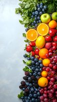 Fresh colorful fruits and berries border composition on light background. Healthy organic produce with citrus, berries and green herbs for nutrition.
