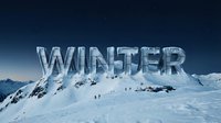 Frozen ice letters spelling WINTER on a snowy mountain peak under a dark blue starry sky, with tiny figures on the slope.