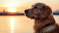 Golden Retriever dog profile at sunset with orange sky and water reflection, peaceful serene moment capturing loyal companion during magic hour.