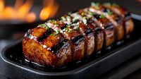 Juicy grilled pork tenderloin sliced and glazed with honey soy sauce, garnished with fresh herbs and sesame seeds, served on black plate with fire in background.